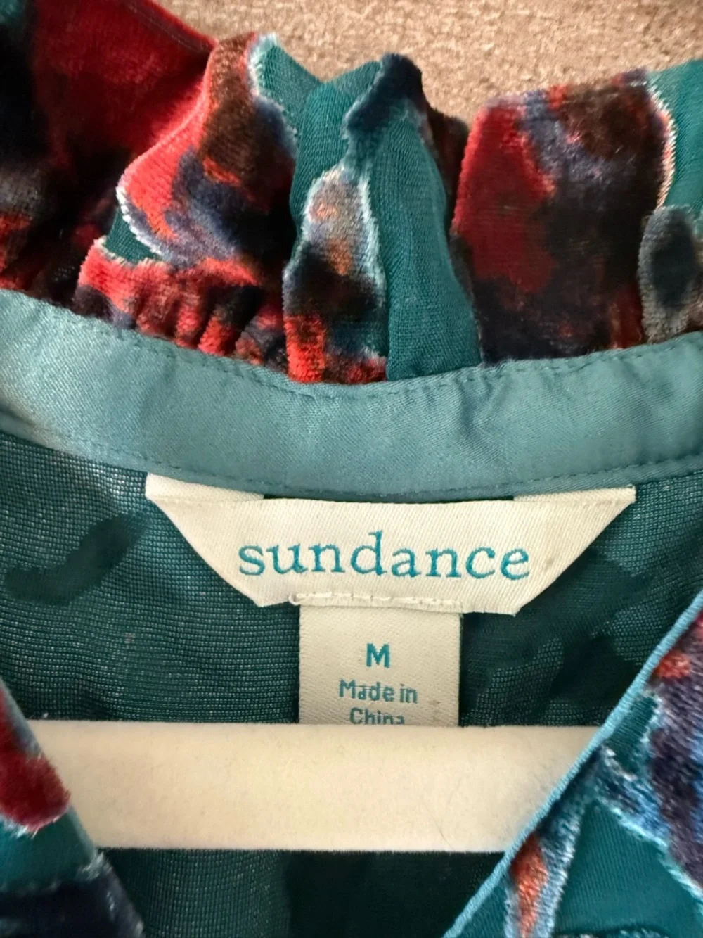 Sundance Teal Velvet Burnout Floral Blouse Boho Romantic Sheer Peasant Top M - Picture 6 of 6